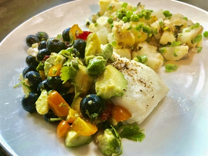 Saturday iN SEASON Recipe: Halibut with blueberry salsa and potatoes with peas and mint | iNwine