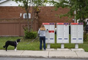 A woman checks for mail at a community mailbox.