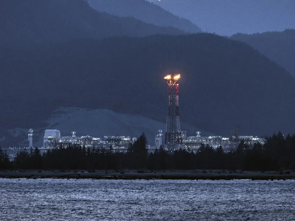 A flame on a tower at a LNG facility on the ocean.