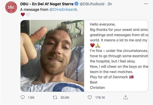 Eriksen sends public thank you message from hospital | iNFOnews.ca