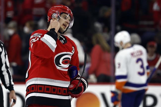 Canes' Aho, Oilers' Hyman each take a puck off the face | iNFOnews.ca Canes' Aho, Oilers' Hyman each take a puck off the face | iNFOnews.ca