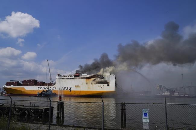 Crews continue to battle cargo ship blaze that killed 2 New Jersey firefighters | iNFOnews.ca