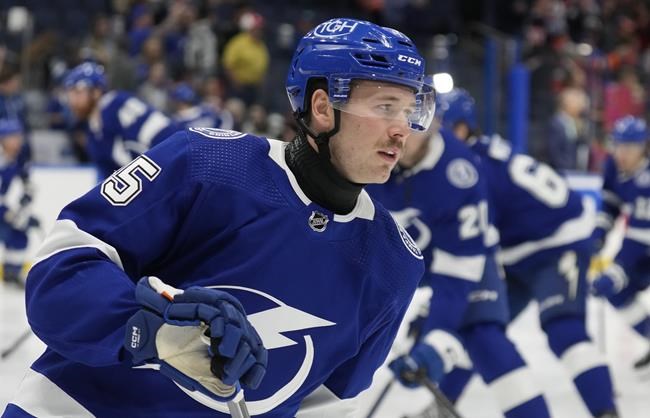 Lightning left wing Cole Koepke wearing neck guard following the death of Adam Johnson | iNFOnews.ca Lightning left wing Cole Koepke wearing neck guard following the death of Adam Johnson | iNFOnews.ca