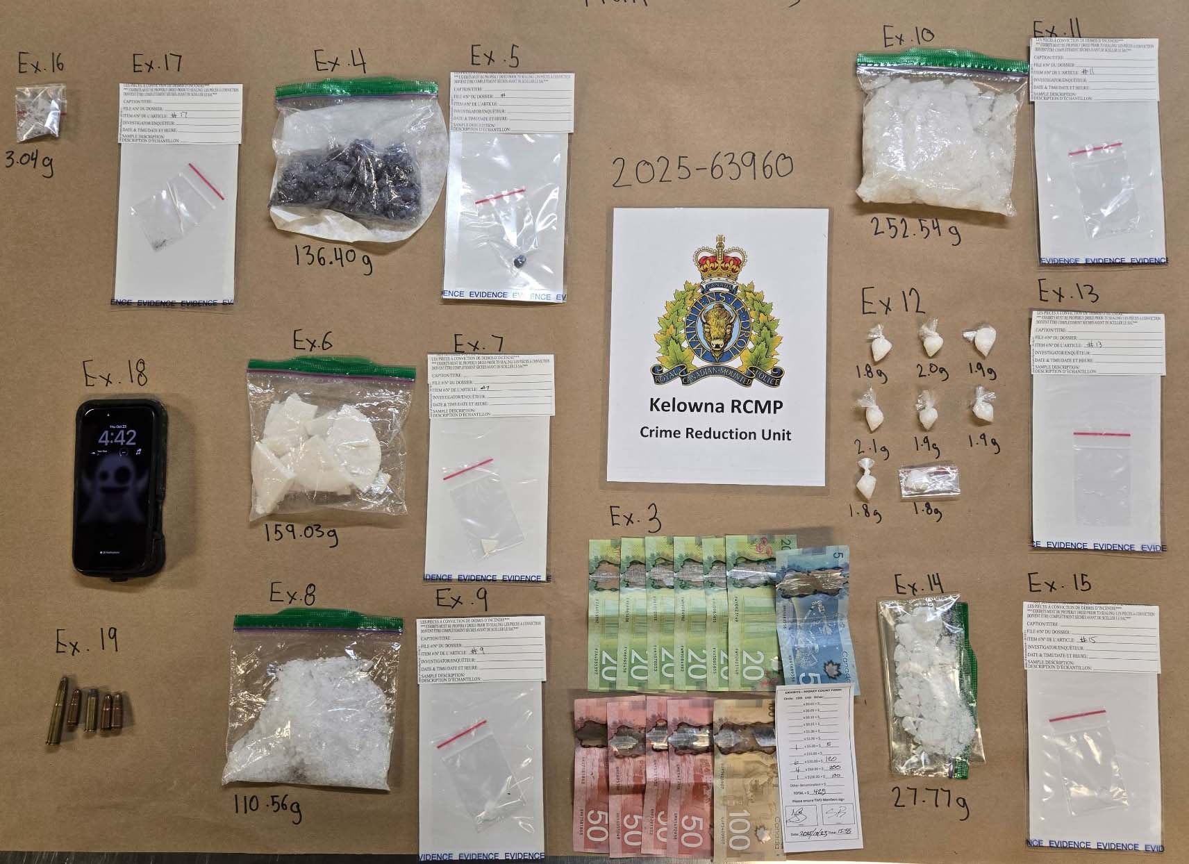 Man crashes car through fence fleeing from Kelowna police | iNFOnews.ca Bags of drugs and some cash spread out on a table with an RCMP logo.