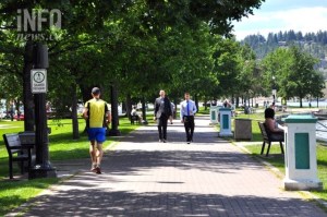 People walking through a park.
