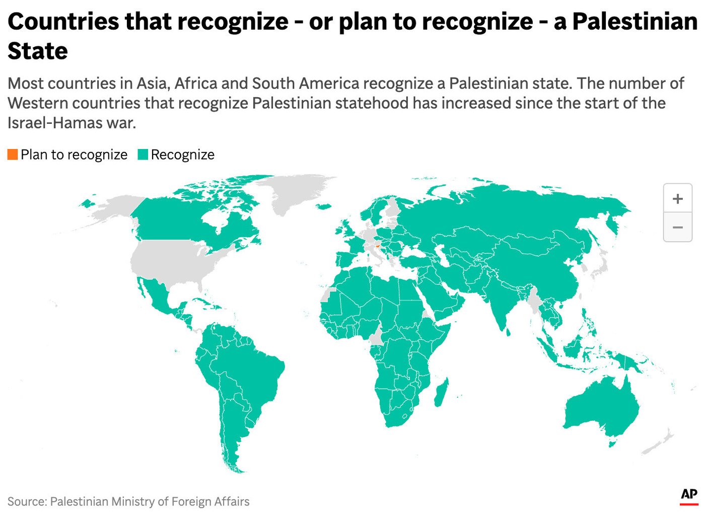 A map showing countries that recognize a Palestinian state and those that plan to | iNFOnews.ca