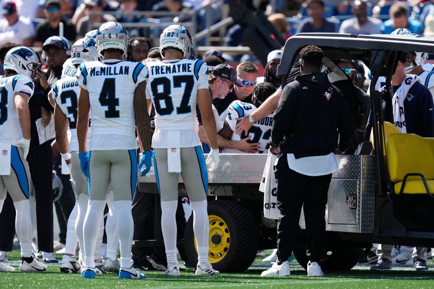 Panthers receiver David Moore carted off field with elbow injury on game's first play | iNFOnews.ca Panthers receiver David Moore carted off field with elbow injury on game's first play | iNFOnews.ca