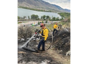 Firefighters douse a grassfire.
