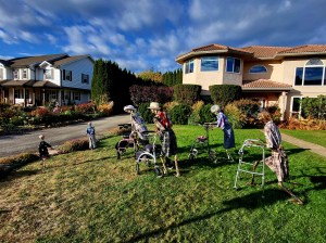 Decorative skeletons are staged on a green lawn as seniors pushing walkers.