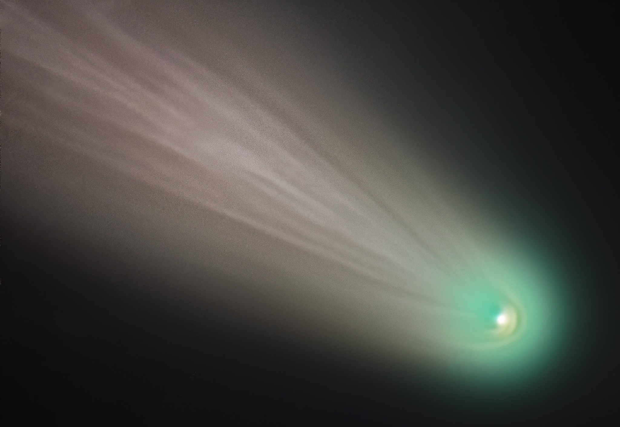 South Okanagan astronomer gets close-up photo of rare comet | iNFOnews.ca A bright green comet with a long white tail glows in a black sky.