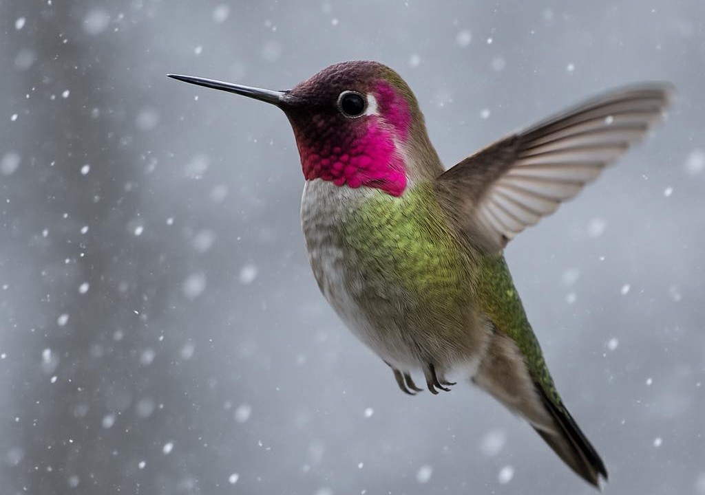 Hummingbirds in Okanagan, Kamloops in winter? Here's how you can help them survive | iNFOnews.ca A humming bird hovering while snow falls.