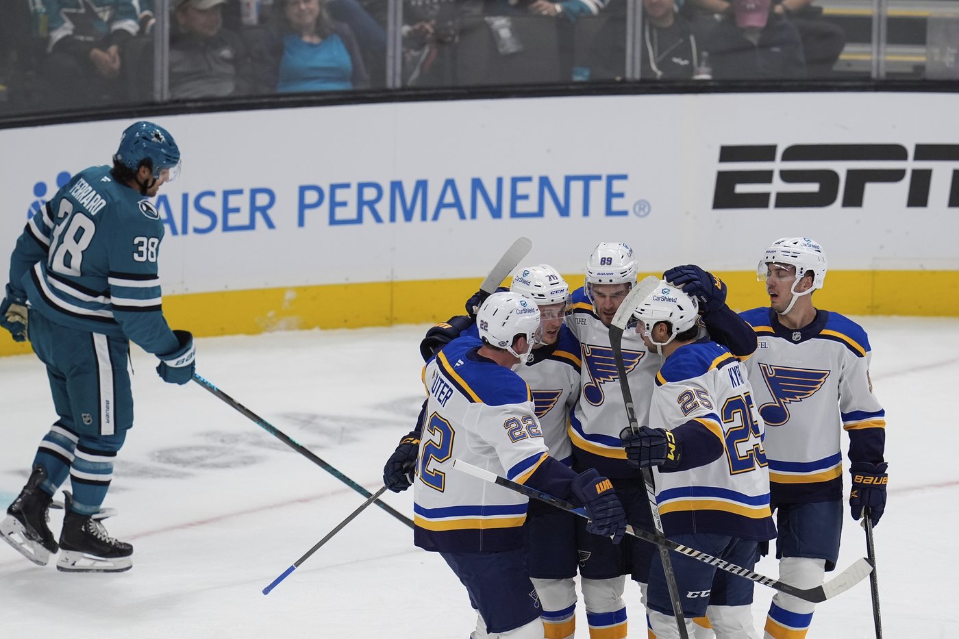 Blues spoil Celebrini's impressive debut with 5-4 overtime win over the Sharks | iNFOnews.ca