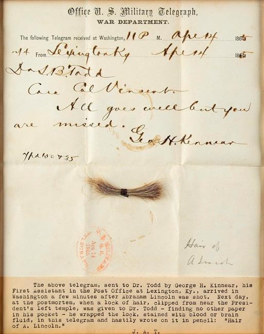 Lock of Lincoln's hair and bloodied telegram up for auction | iNFOnews.ca Lock of Lincoln's hair and bloodied telegram up for auction | iNFOnews.ca