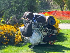 A homeless person's belongings on a shopping cart.