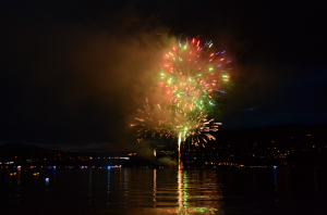 Fireworks and smoke over Okanagan Lake.