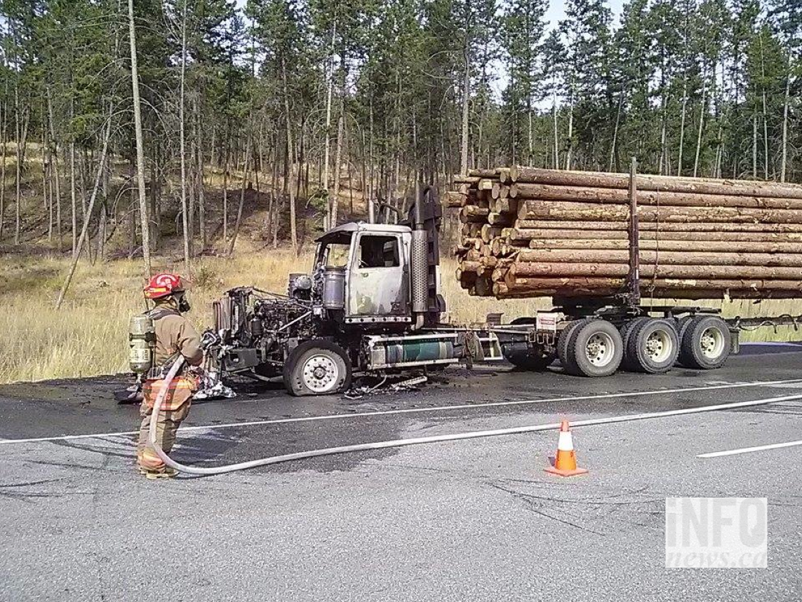 Logging truck catches fire on Highway 97 north of Winfield | iNFOnews.ca