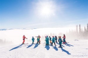 A group of skiers on a bright, sunny day.