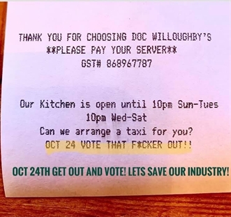 Kelowna pub puts political stamp on bill, saying 'vote that f*cker out' | iNFOnews.ca