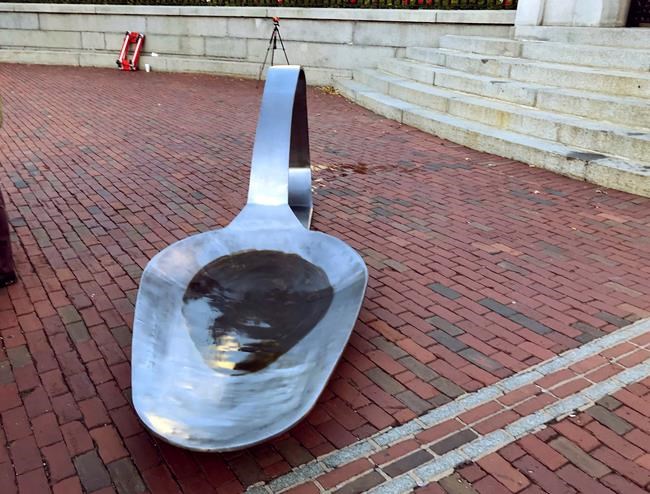 Giant heroin spoon art is moved again, to drugmaker's gates | iNFOnews.ca