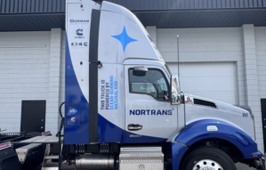 A side profile of a semi truck.