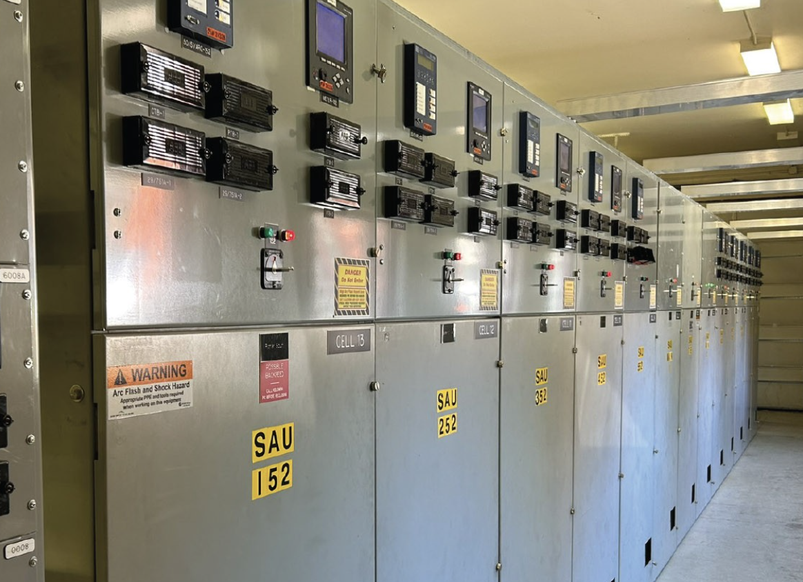 The inside of an electrical substation.