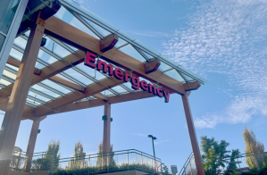 The sign marking the entrance to the Emergency entrance at Vernon Jubilee Hospital.