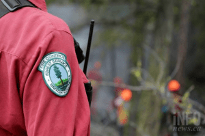 A person in orange coveralls with a BC Wildfire Service badge on the shoulder.