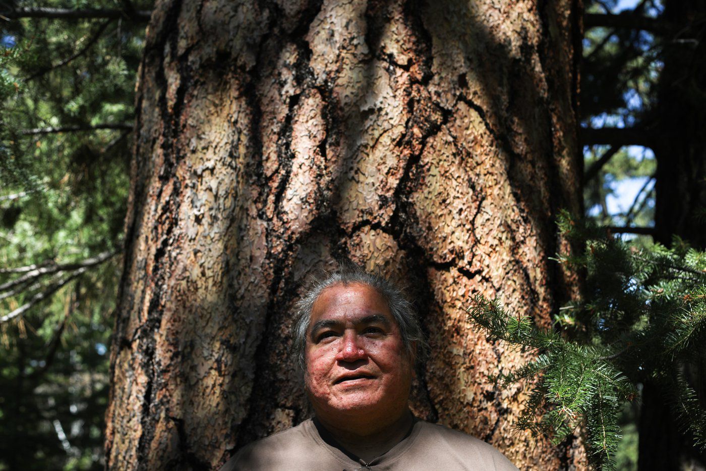 A man poses for a photo in front of a tree.