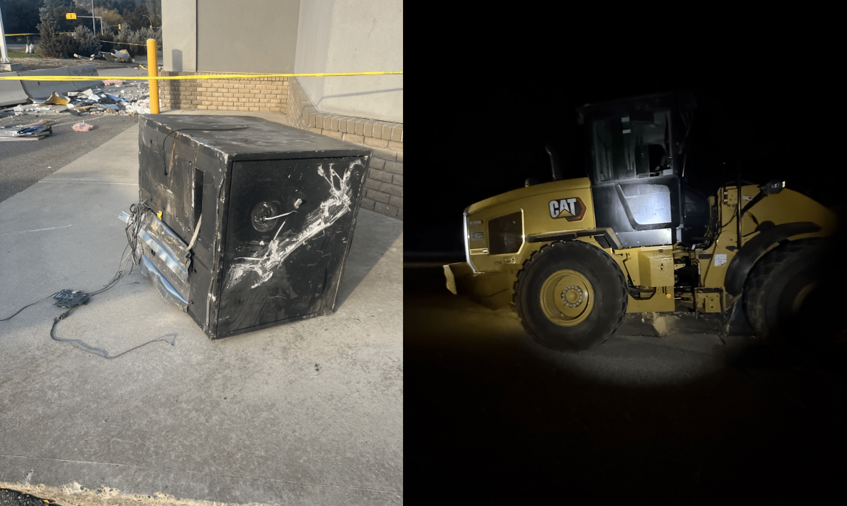 Thieves tear ATM from Peachland bank | iNFOnews.ca Combined image of a damaged ATM and a front-end loader.