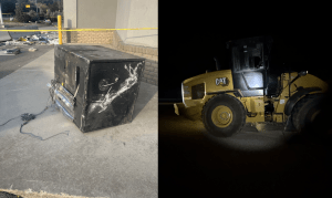 Combined image of a damaged ATM and a front-end loader.