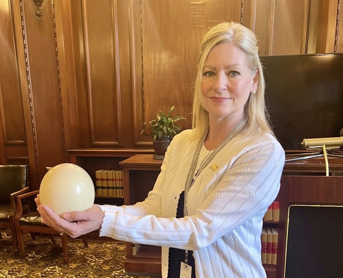 Okanagan MLA's controversial anti-trans youth bill voted down in leg | iNFOnews.ca Tara Armstrong holding an ostrich egg.