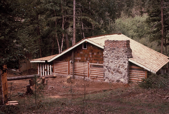 A rustic log cabin with a large stone chimney and shingled roof sits in the woods with conifers and leafy trees behind it.