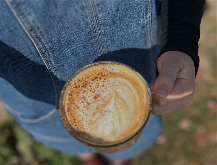 A hand holds a mug of latte with swirls of foam and a dusting of brown spice on top.