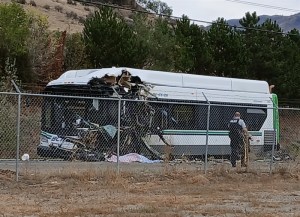 A BC Transit bus seriously damaged after a collision.
