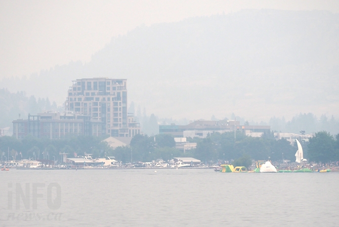 Air quality warning for Okanagan, Shuswap due to wildfire smoke | iNFOnews.ca The Kelowna skyline with lots of wildfire smoke in the air.