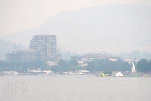 The Kelowna skyline with lots of wildfire smoke in the air.