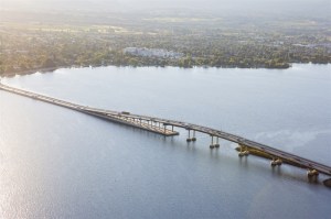 A bird's eye view of the William R. Bennett bridge in Kelowna.